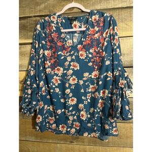Jessica Simpson Teal Floral Embroidered V-Neck‎ Blouse Ruffle Bell Sleeve Small